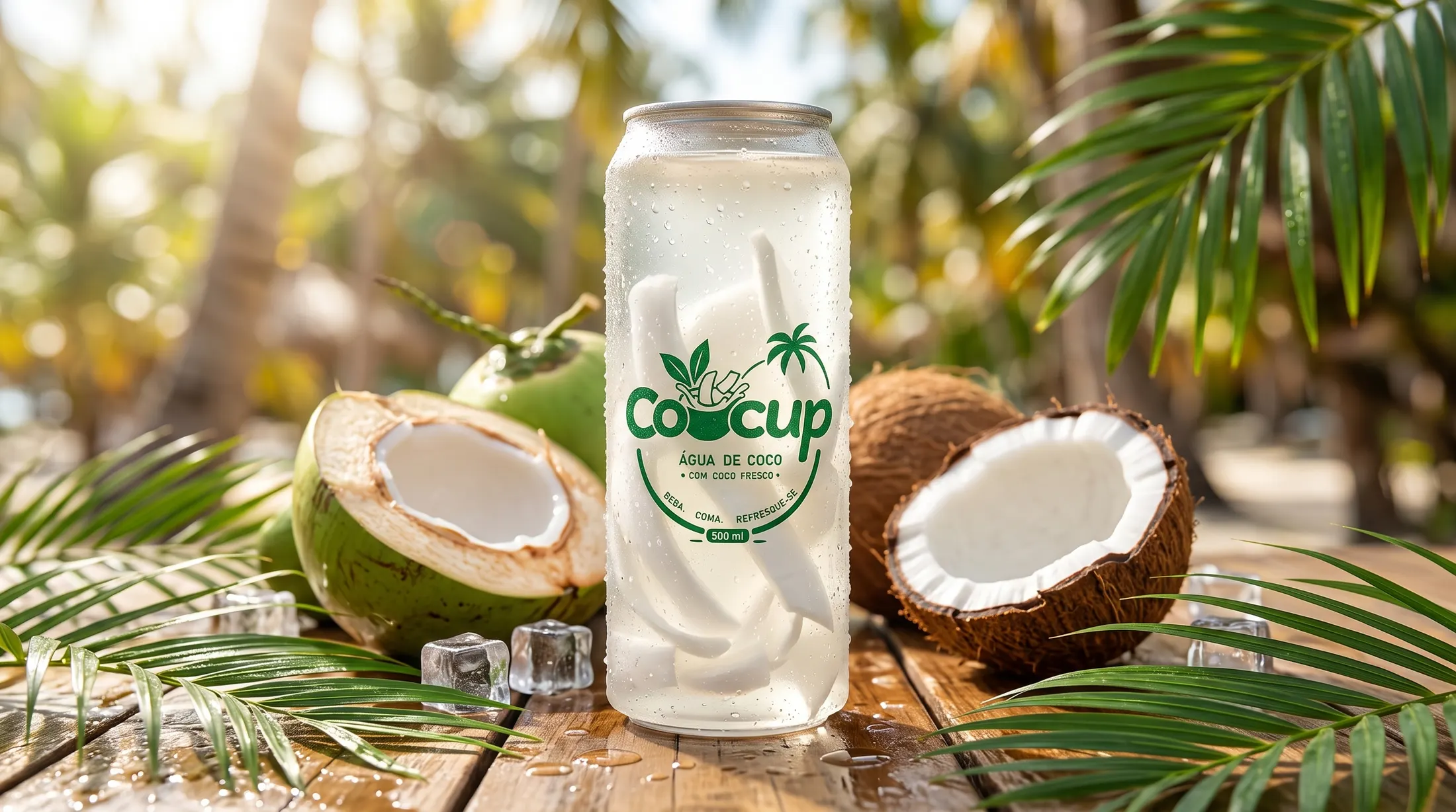 Copo de Cocup entre cocos abertos e folhas de palmeira, com gelo ao redor